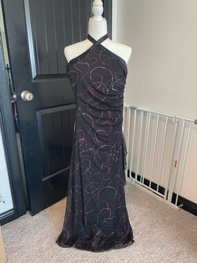 I.N. San Francisco Black One-Shoulder Evening Gown with Pink Dot Swirl